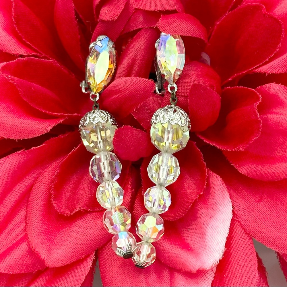 60’s Vintage Lewis Segal AB Iridescent Bead Dangle Clip On Earrings